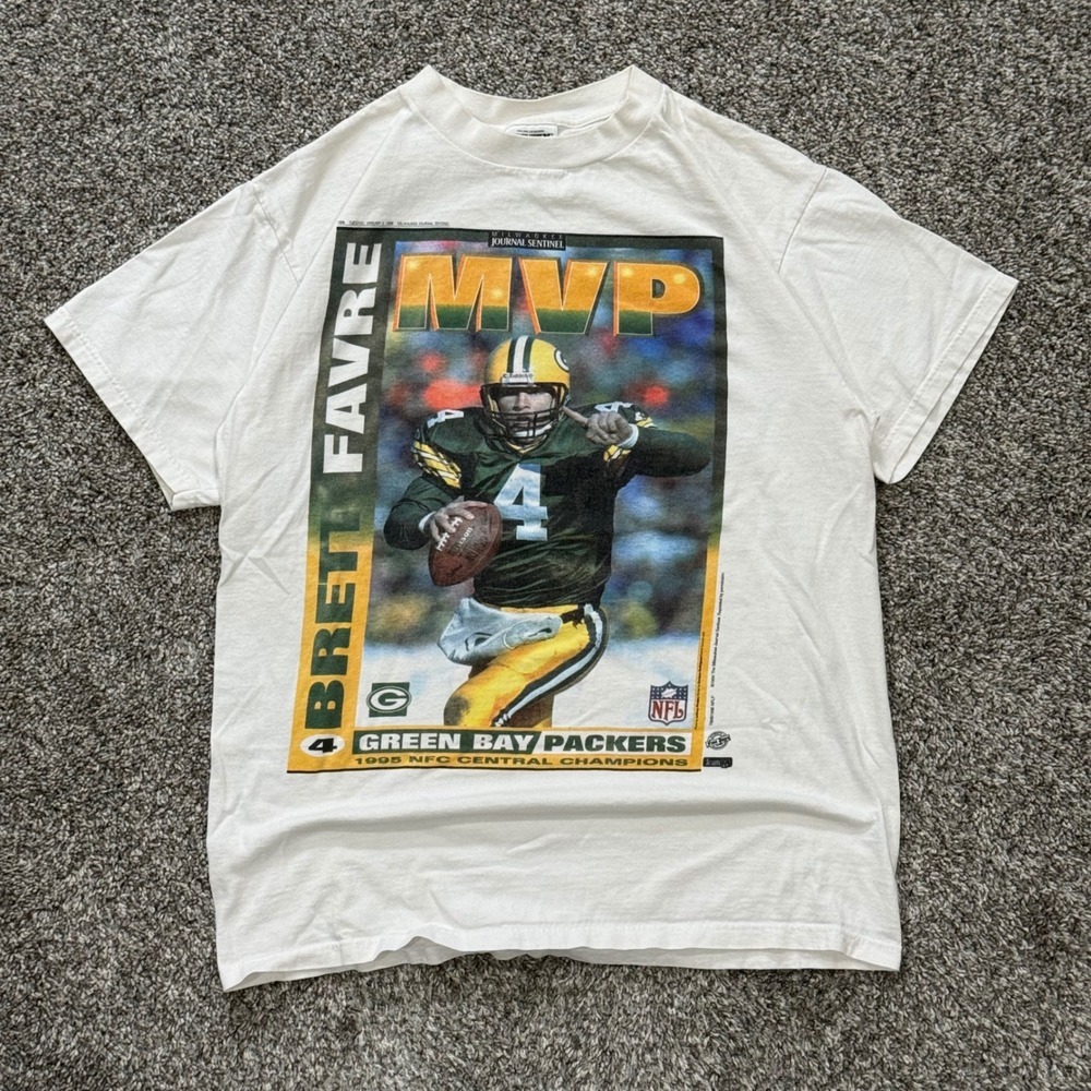 Vintage 90s Brett Favre Green Bay Packers MVP T-Shirt Newspaper Tultex Mens L